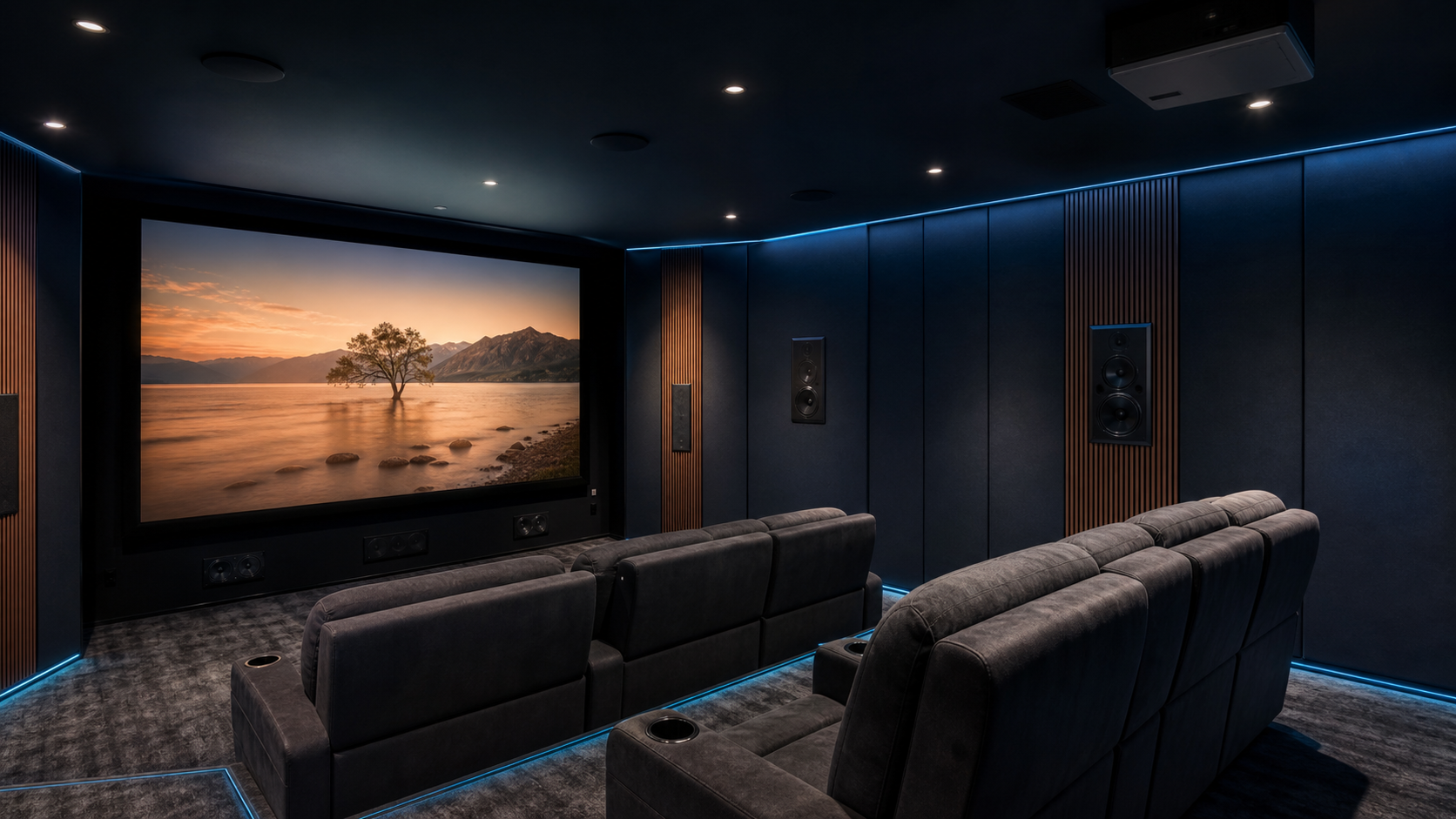 Modern dedicated home cinema with acoustic wall treatment and tiered seating