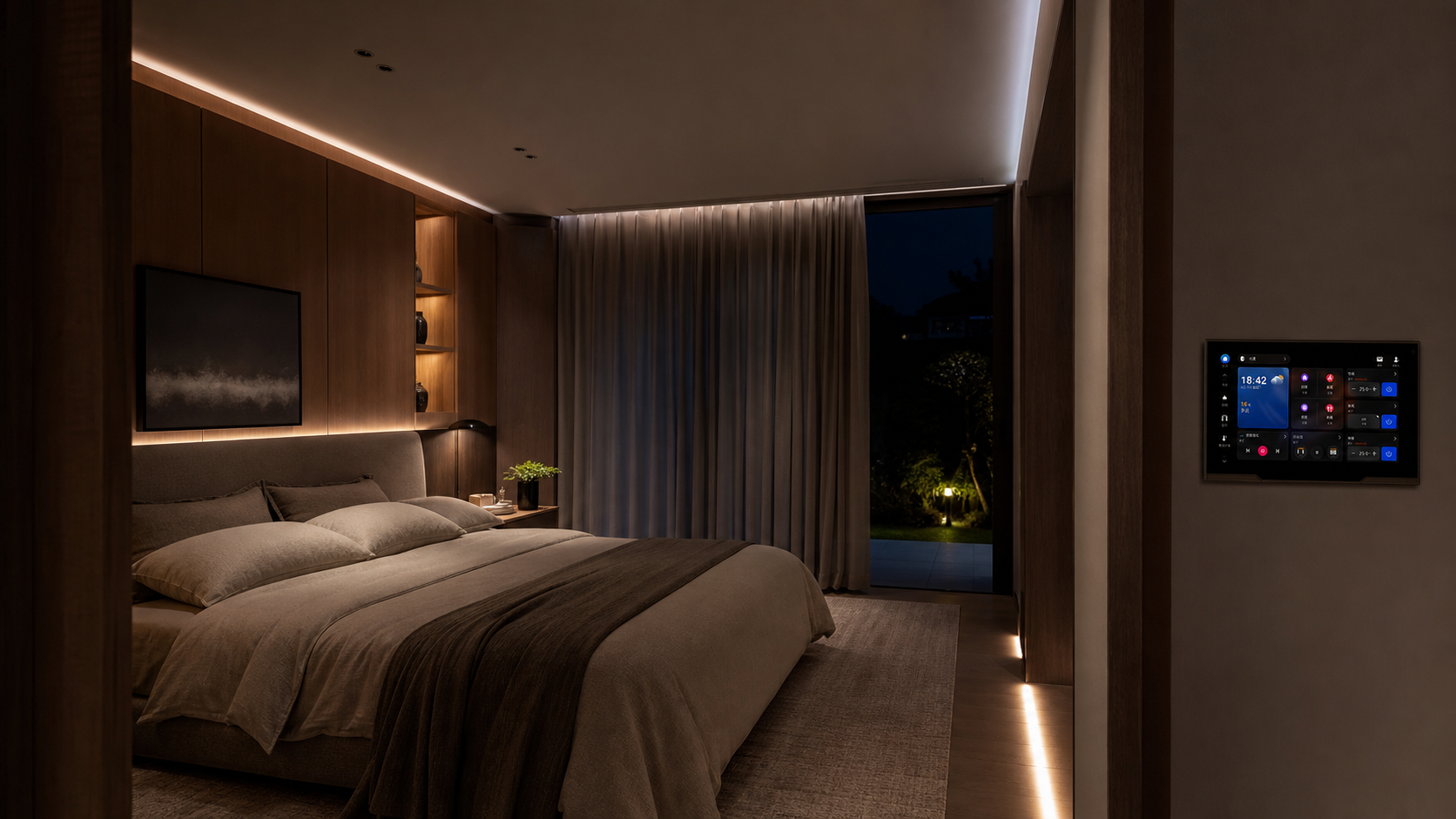 Modern bedroom at night with an Akubela HyPanel Supreme installed near the entrance